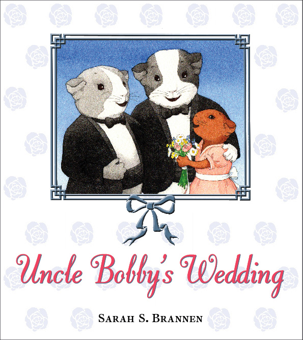 book cover. a cartoon illustration of two puppy looking animals wearing tuxes, getting married.